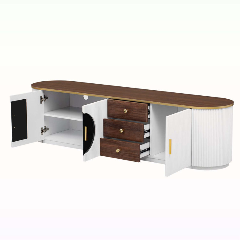 Console avec 3 tiroirs et 1 tablette, poignées en métal et 2 armoires, Blanc / brun