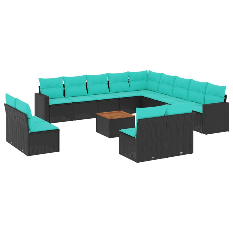 Ensemble de canapé de patio 14 pièces avec coussins en rotin de polyester, Bleu, Noir