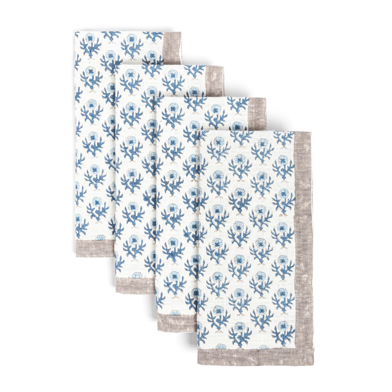 over&back Hand-Blocked Napkins, Set of 4, Blue Bloom