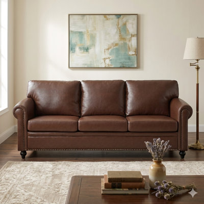 85'' Polyester Sofa, 3 Seater Rolled Arm Couch with Nailhead Trim, Traditional Upholstered Sofa for Living Room