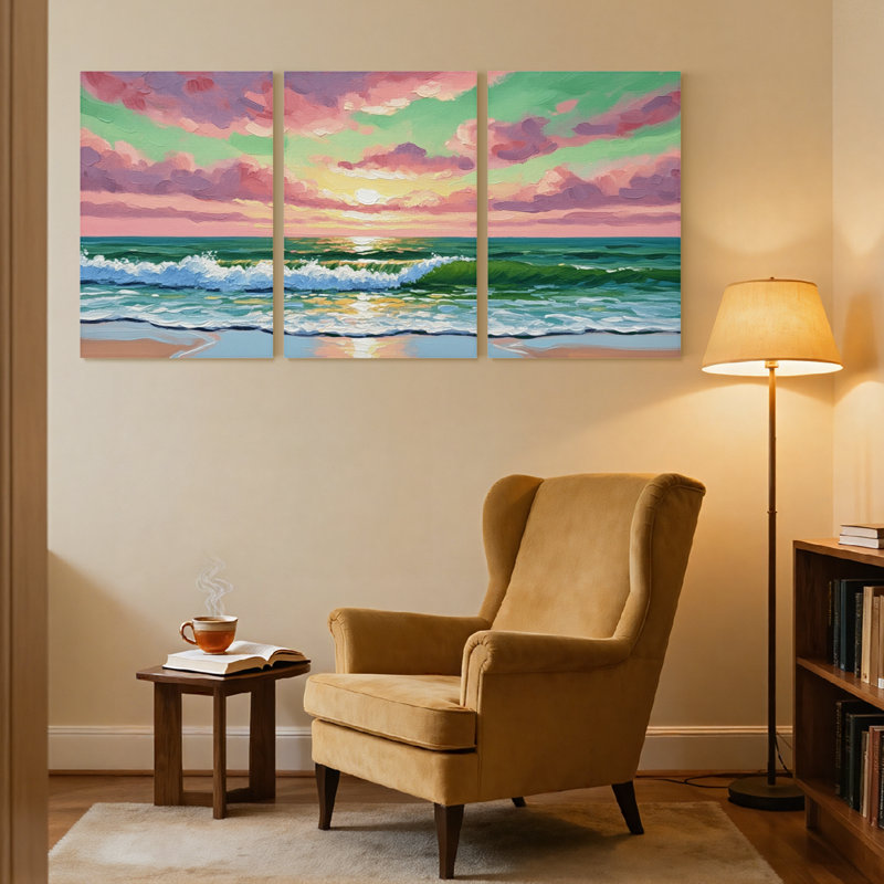 Nautique et plage coucher de soleil océan vagues ciel nuages plage horizon couleurs ensemble de 3 impressions d'art sur toile