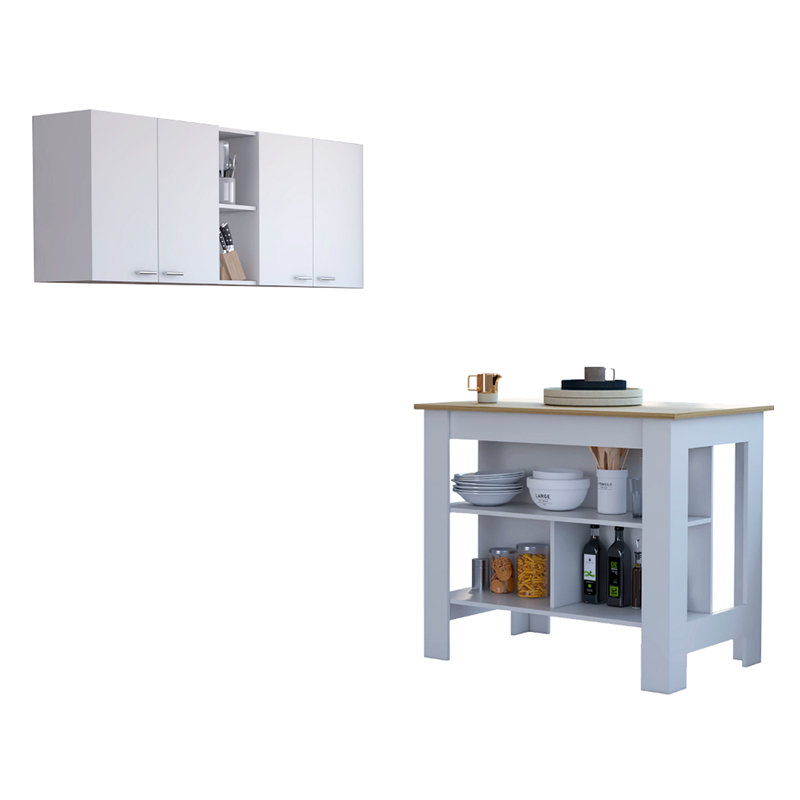Sierra 7-Shelf 4-Door 2-Piece Kitchen Set, Upper Wall Cabinet And Kitchen Island White And Light Oak, Oak