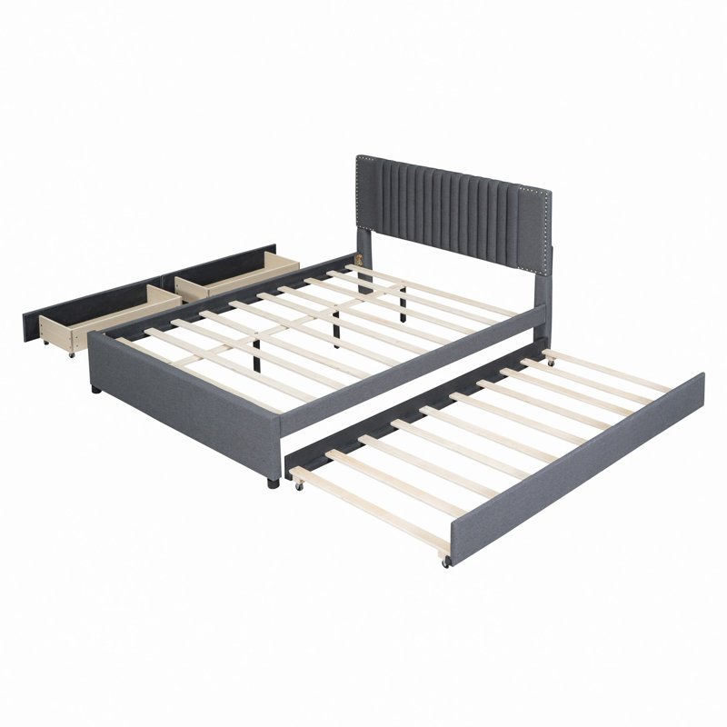 Lit plateforme tapissier avec 2 tiroirs et 1 lit gigogne, tête de lit classique, Gris, Grand lit