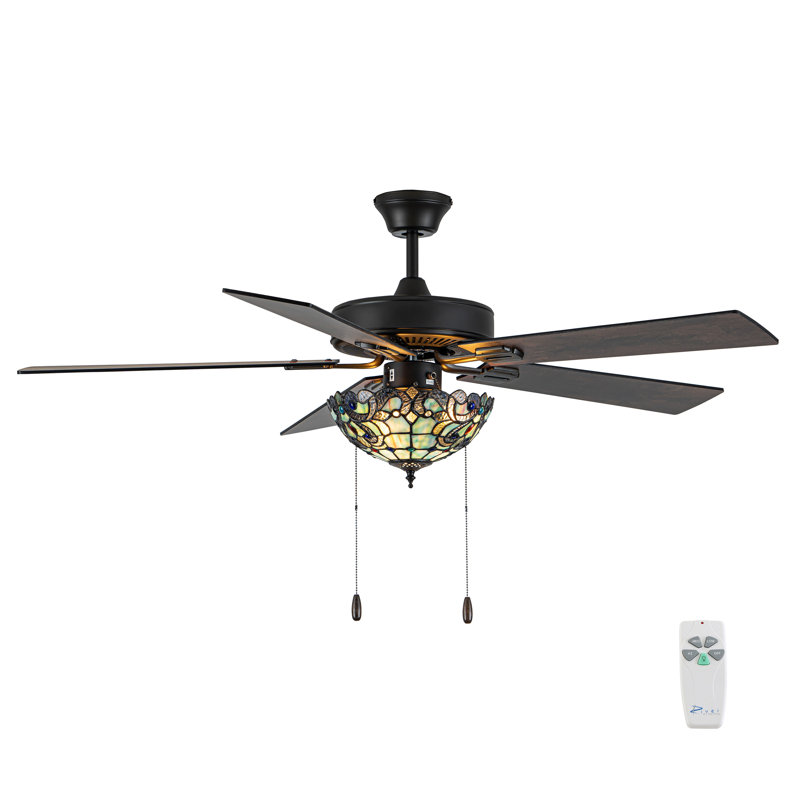 52"W Magna Carta Indoor Tiffany Stained Glass Oil Rubbed Bronze Ceiling Fan With Remote Control