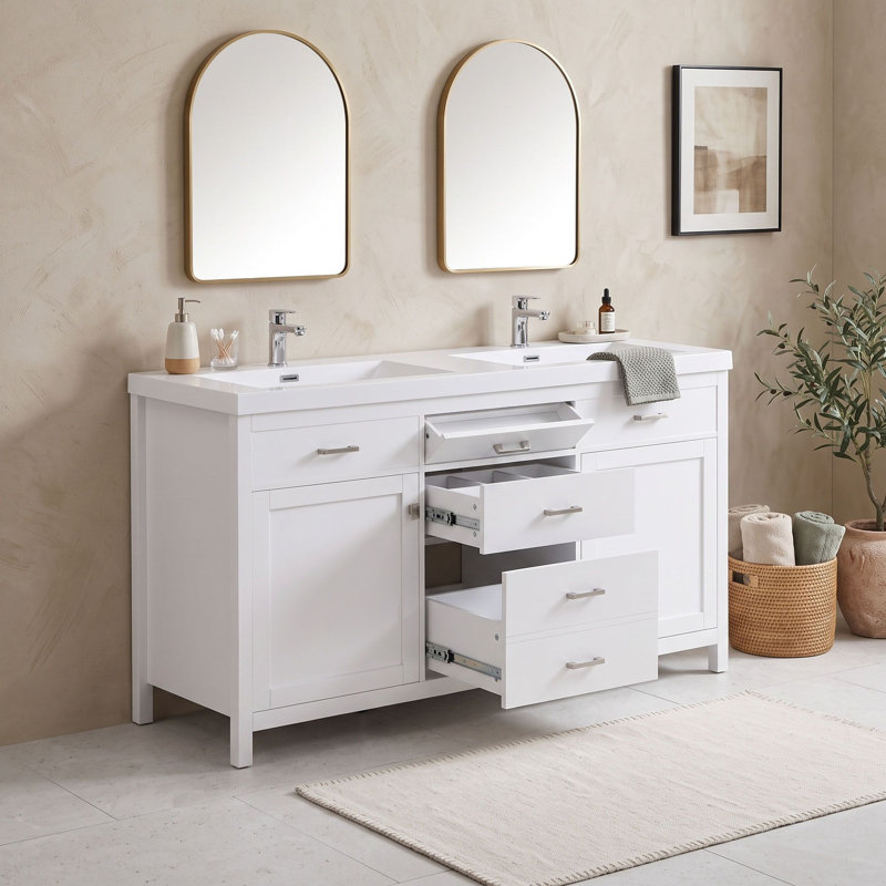 Meuble-lavabo en bois avec lavabo, tablette réglable, tiroirs et portes
