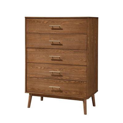 Noyer 1Pc Commode à tiroirs en bois massif avec 5 tiroirs ronds et pieds fuselés style moderne