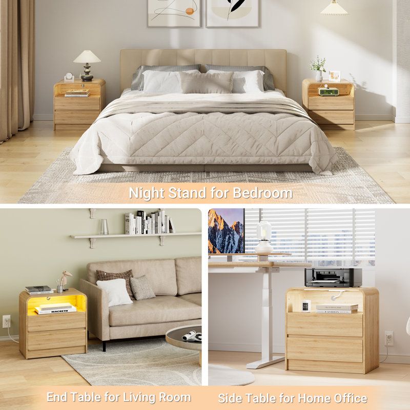 Avenley 24" Modern Nightstand Set of 2 with LED Light & Charging Station, 2 Handleless Drawers End Table with Open Shelf, Curved Profile, Side Table for Bedroom, Living room