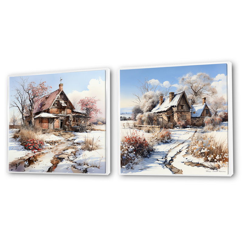 Charme de grange en hiver - Ensemble de 2 carrés de grange, H 16 po x l 33 po, Cadre flottant blanc