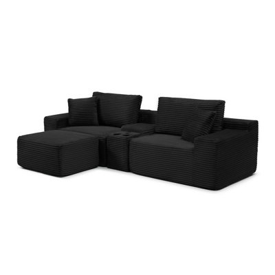 Modular Sectional Sofa, Deep Seat Corduroy Cloud Couch with Cup Holders, USB Ports & Storage Box, Sleeper Sofa Couch Boneless Couches With Movable Ottoman for Living Room, No Assembly Required,Black