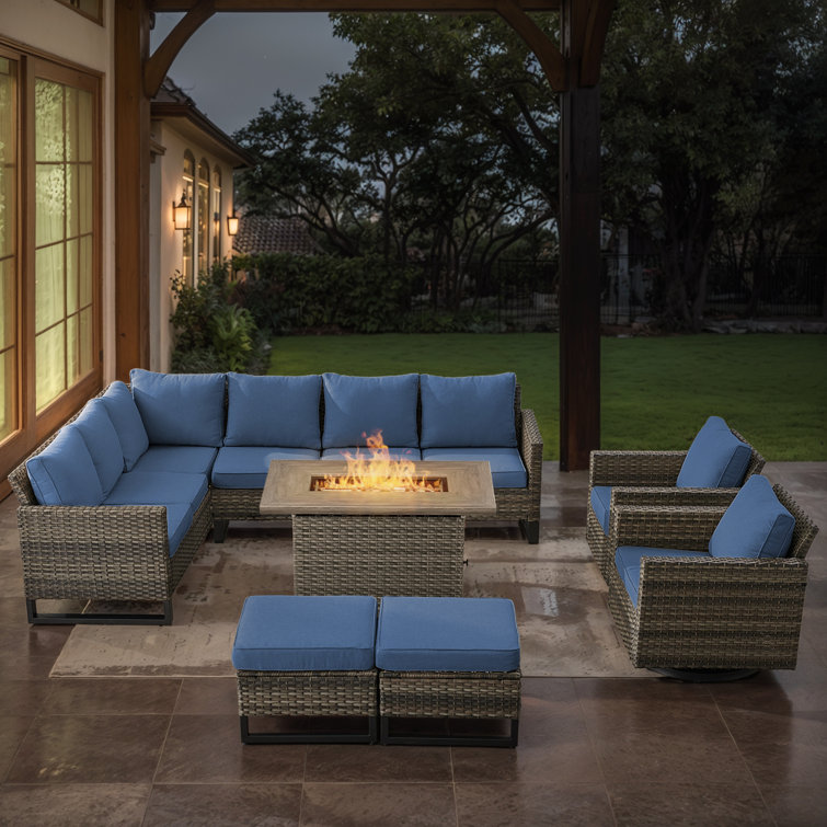 Ingvald 8- Person Outdoor PE Wicker Patio Conversation Set with Fire Pit, Ottomans and Cushions
