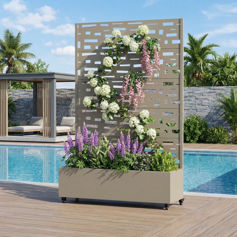 Metal Planter Box with Trellis with Wheels, 72" H x 47" W x 16" D, Gray OLive