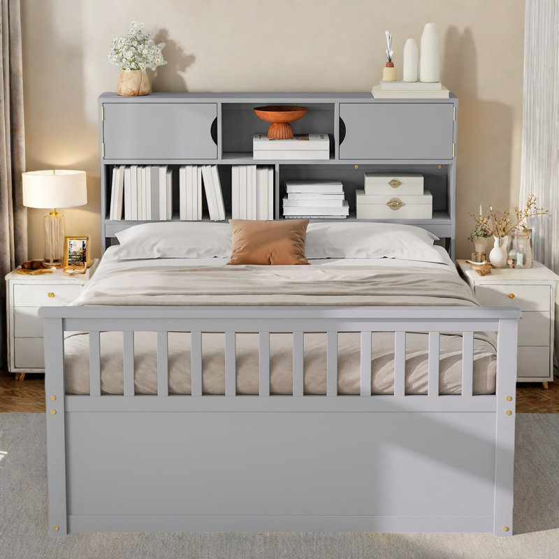 Lit plateforme double pleine grandeur avec bibliothèques de rangement et tablettes, quatre tiroirs, Gris
