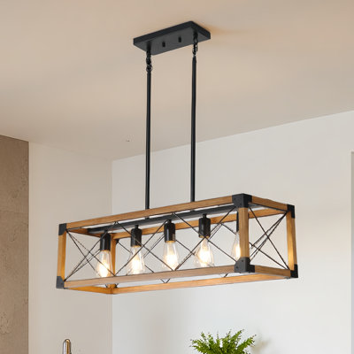 Lustre en cage linéaire rustique 5 lumières 32 po avec cadre en bois et tige en métal pour îlot de cuisine (ampoules non incluses)
