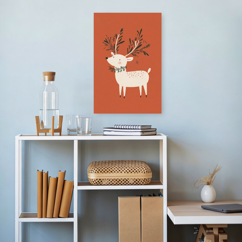 «Whimsical Holiday Deer», impression d'art contemporain mural, forêt contemporaine, H 18 po x l 12 po