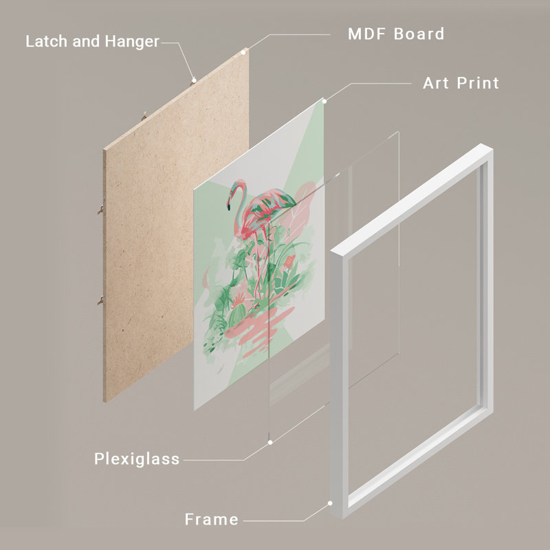 Art tropical, flamant rose tropical, Blanc, H 14 po x l 11 po