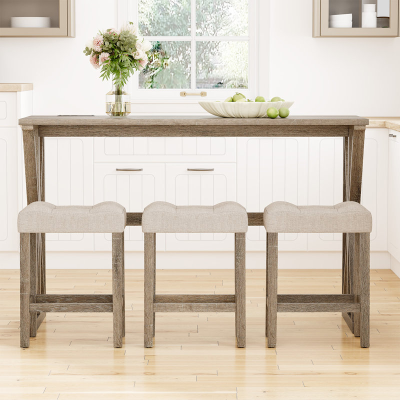 3 - Person Solid Wood Top Trestle Dining Set, Brown, Beige/Brown