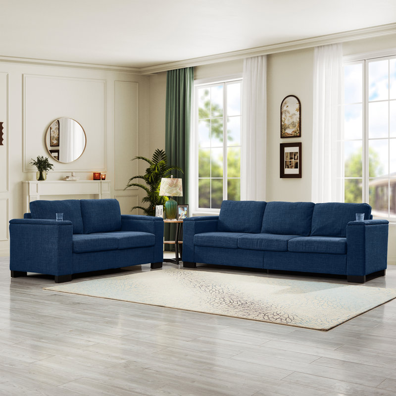 Couvert à 5 places, accoudoir carré bleu avec porte-gobelet et rangement sous le siège, housse de coussin éponge confortable à haute densité et housse de coussin amovible moderne en tissu 2 + 3 po, structure en bois massif de conception