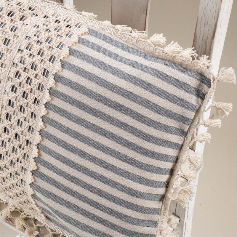 Arrowpoint Striped White Rectangular Throw Pillow Cover, Cream/Grey