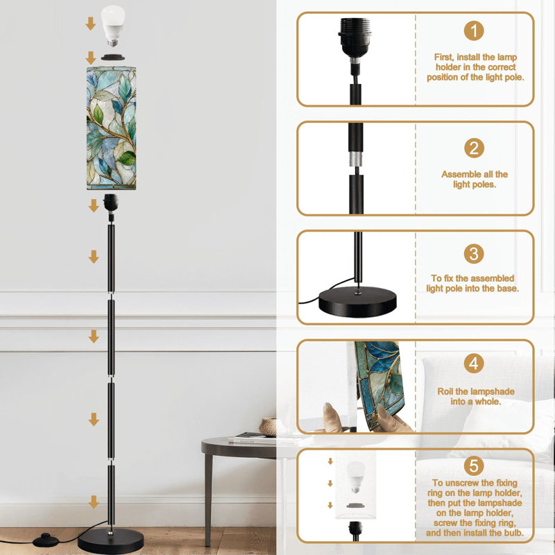 Lampe sur pied effet vitrail vert vif à feuilles bleues à intensité variable moderne avec télécommande et pédale abat-jour abat-jour grand lampadaire pour salon chambre bureau