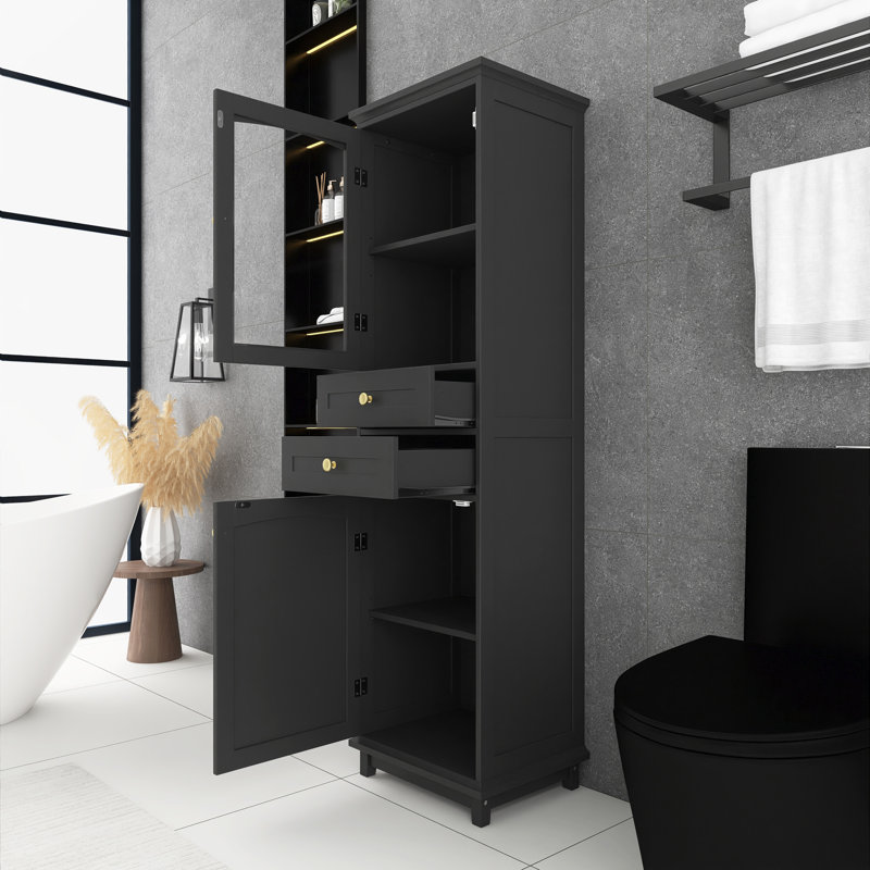 17,7 po Armoire de rangement de salle de bain autoportante en bois noire avec 2 tiroirs et 2 tablettes réglables