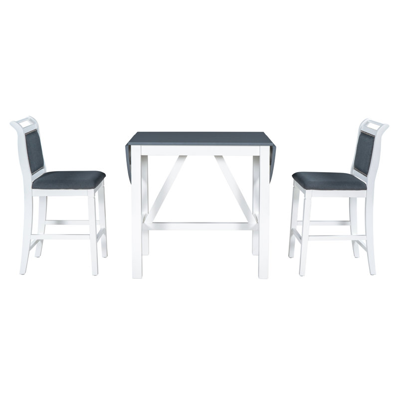 Ensemble de table de salle à manger 3 pièces en bois, hauteur de comptoir, avec abattants et 2 chaises rembourrées pour petits espaces