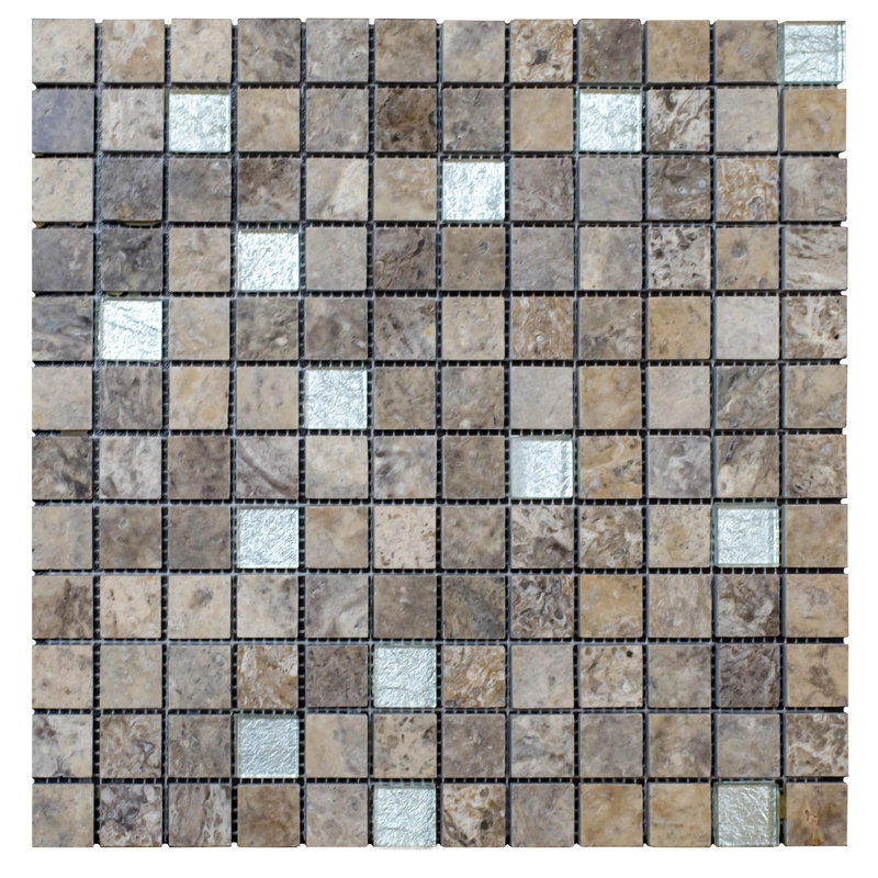 Carrelage mural argenté en mosaïque de pierre naturelle de couleur travertin avec verre 1 po x 1 po