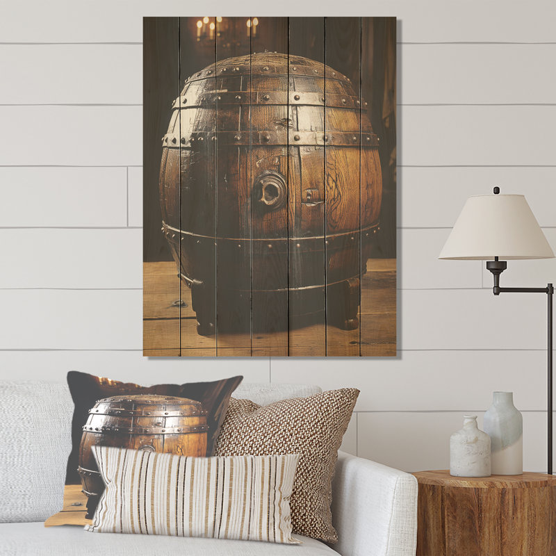 Brown Wooden Wine Barrel - Wine On Wood Print, 20" H x 10" W