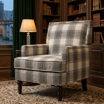 Traditional Striped Accent Chair with Solid Wood Frame - Grey and White Fabric Armchair with Turned Legs & High-Density Foam Cushion