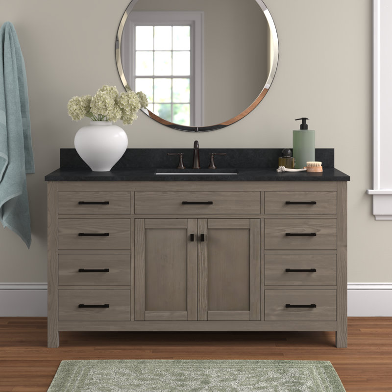 Meuble-lavabo simple 60 po Ajiya, Gris texturé, Calcaire bleu