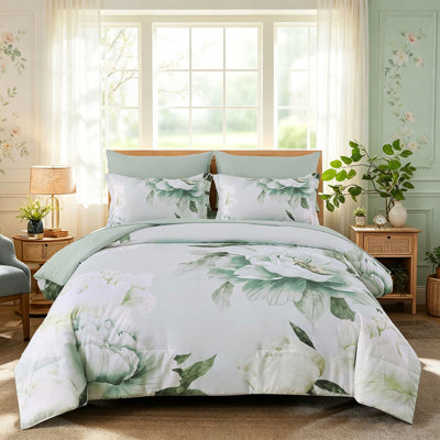 7-Piece Large-Scale Floral Comforter Set Vintage Botanical Print Duvet Cover Set Bed in a bag