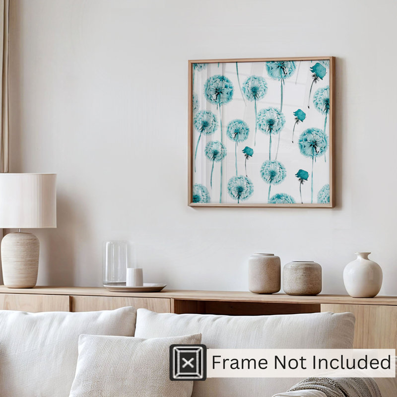 «Botanical Turquoise Teal Dandelions», reproduction d'art moderne sans cadre, H 20 po x l 20 po