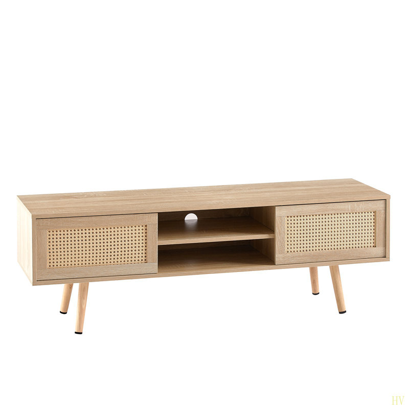 55.12" Rattan TV Cabinet, Double Sliding Doors For Storage,  Adjustable Shelf, Solid Wood Legs, TV Console For Living Room