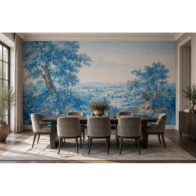 Papier peint mural vintage à motif toile de Jouy représentant un paysage pastoral bleu, 160 po x 108 po, Non tissé
