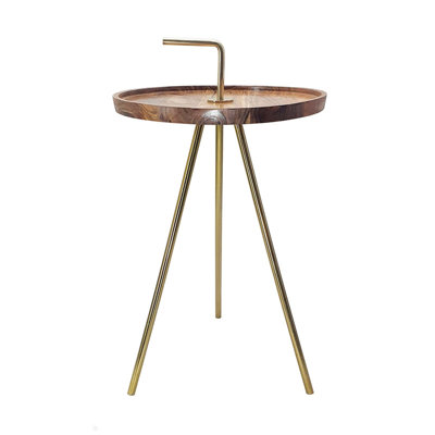 Table d'appoint avec porte-gobelet 23,5 po - Table ronde en bois massif avec pieds évasés et porte-gobelet en fer doré, petit espace