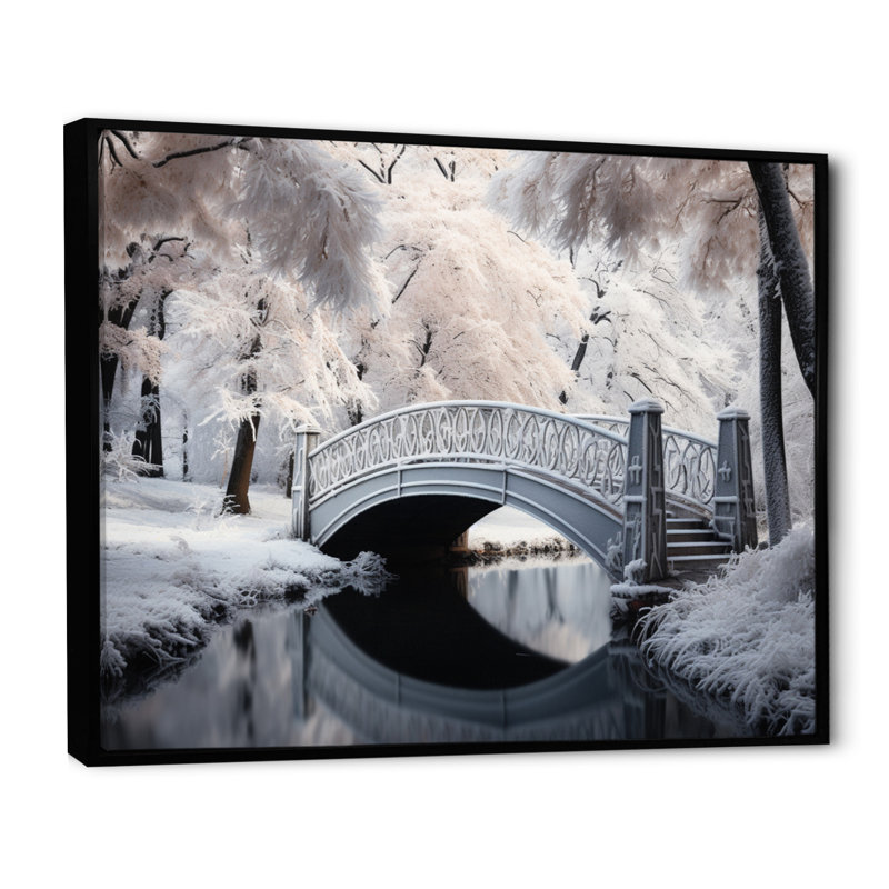 Pont blanc en hiver II - reproduction sur toile, Cadre flottant noir, H 24 po x l 32 po x P 1 po