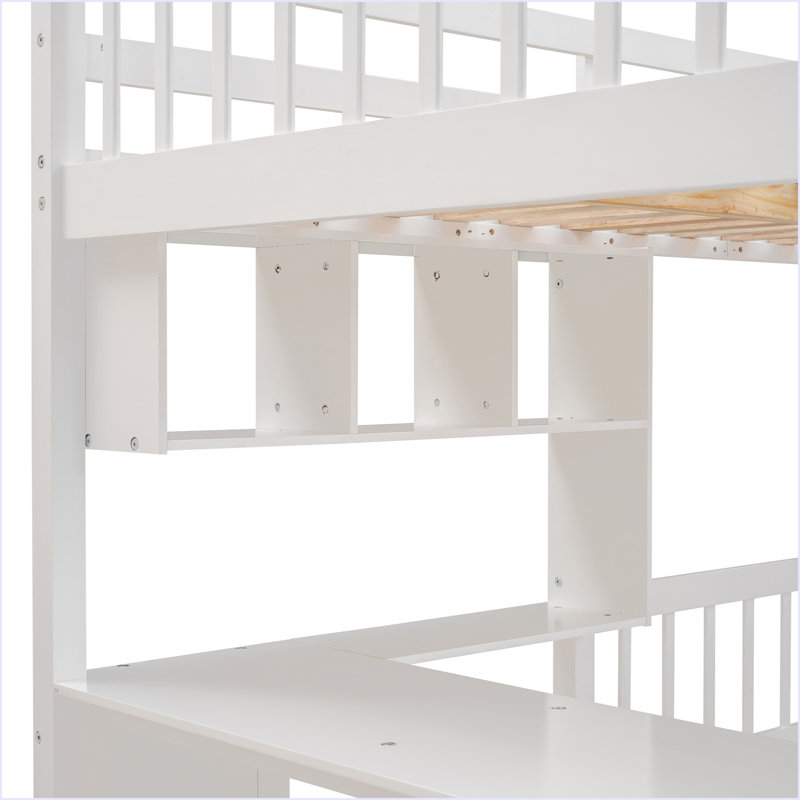Full Over Twin Bunk Bed With Desk, Drawers And Shelves, White