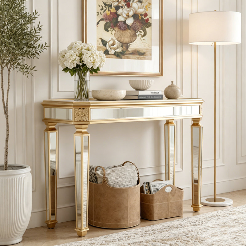 Console dorée à miroir avec sculpture sur bois rétro, Gold,Silver