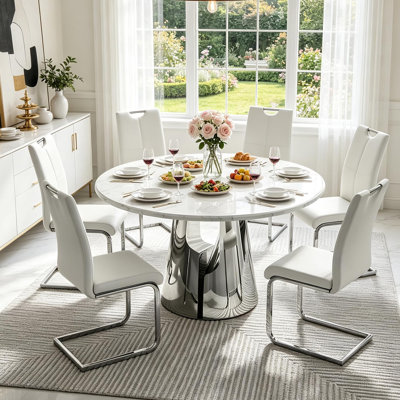 7 Piece Faux Marble Dining Table Set with 45" Round Table and 6 PU Leather Chairs, Silver Pedestal Base,Modern Luxury Style