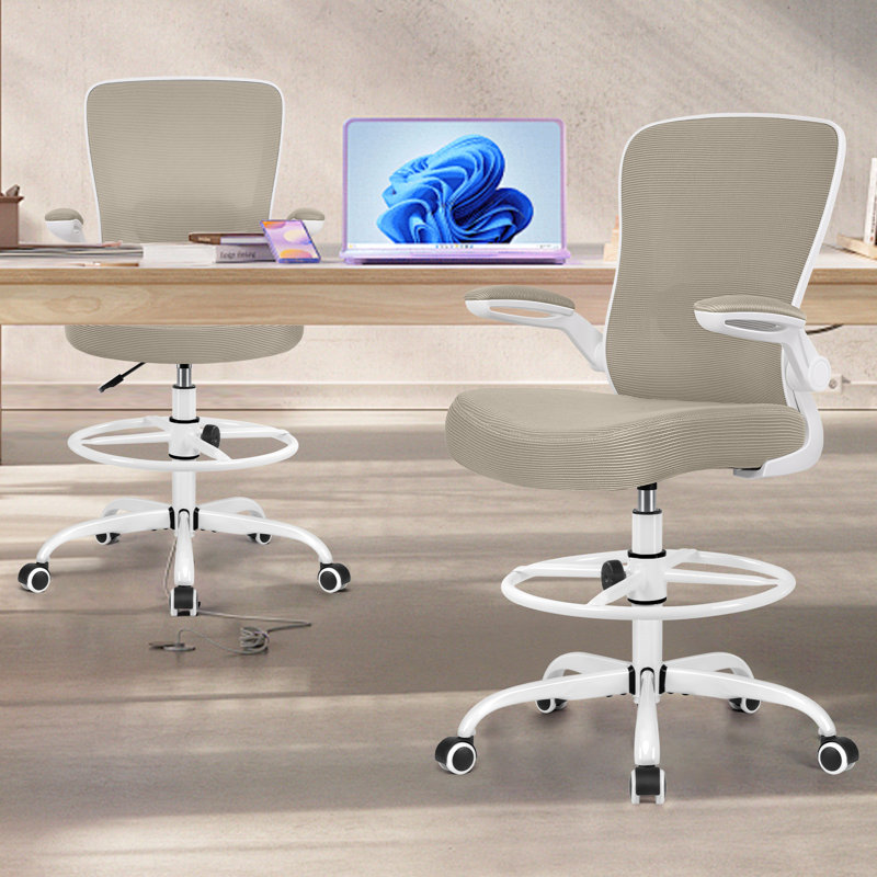 Mesh Drafting Chair Tall Office Chair With Adjustable Footrest Ring, White, Khaki
