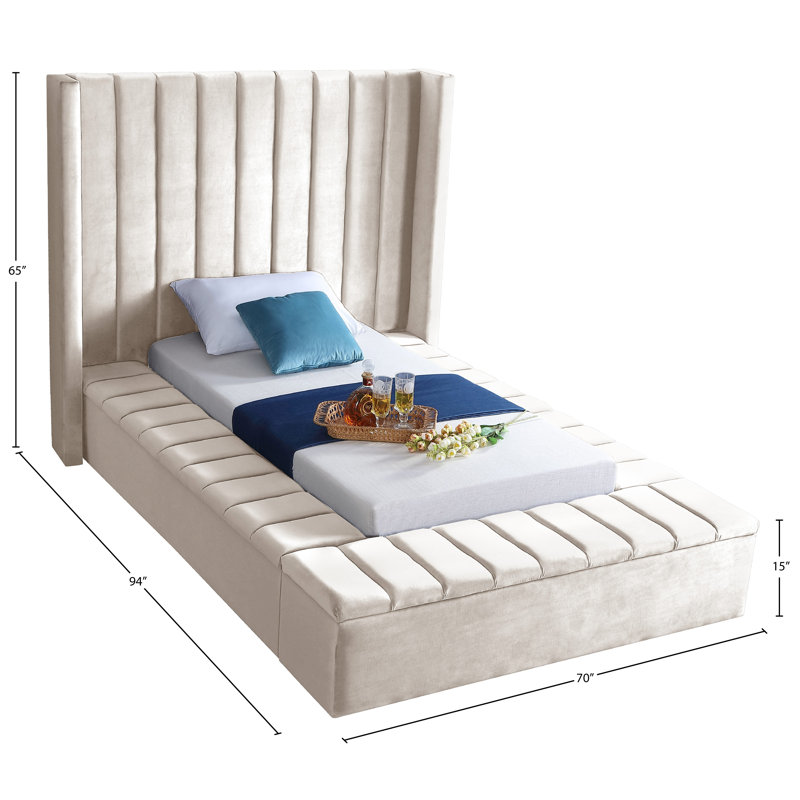 Rick Upholstered Wingback Bed, Twin, Cream Velvet