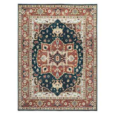 Tapis vert en laine noué à la main 10 x 14