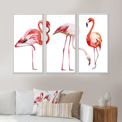Two Pink Flamingos On White - 3 Piece Floater Frame Painting on Canvas