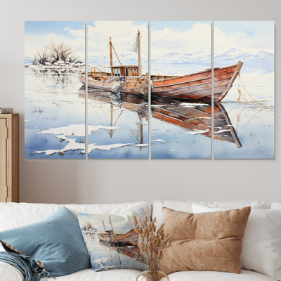 Rouge et blanc, bateau de pêche d'hiver Tranquility II - minimalisme, 4 pièces, art mural