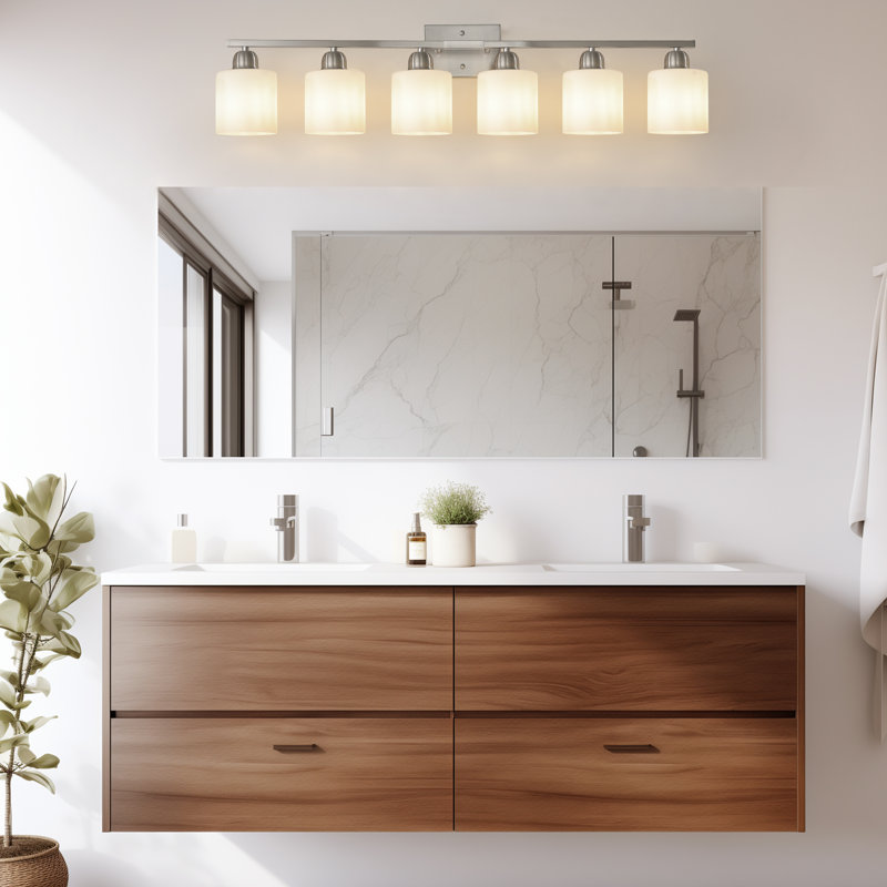Éclairage pour meuble-lavabo 6 lumières résistant à l'humidité avec abat-jour en verre givré, Chrome poli, Six lumières
