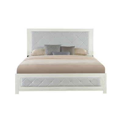 Grand lit de couleur beige avec détails rembourrés, rembourré de tissu d'ameublement et de rembourrage, sommier tapissier requis, 4 lattes et pieds de support, bois d'hévéa, bois de peuplier, mousse de tissu, capacité de poids de 660 lb,