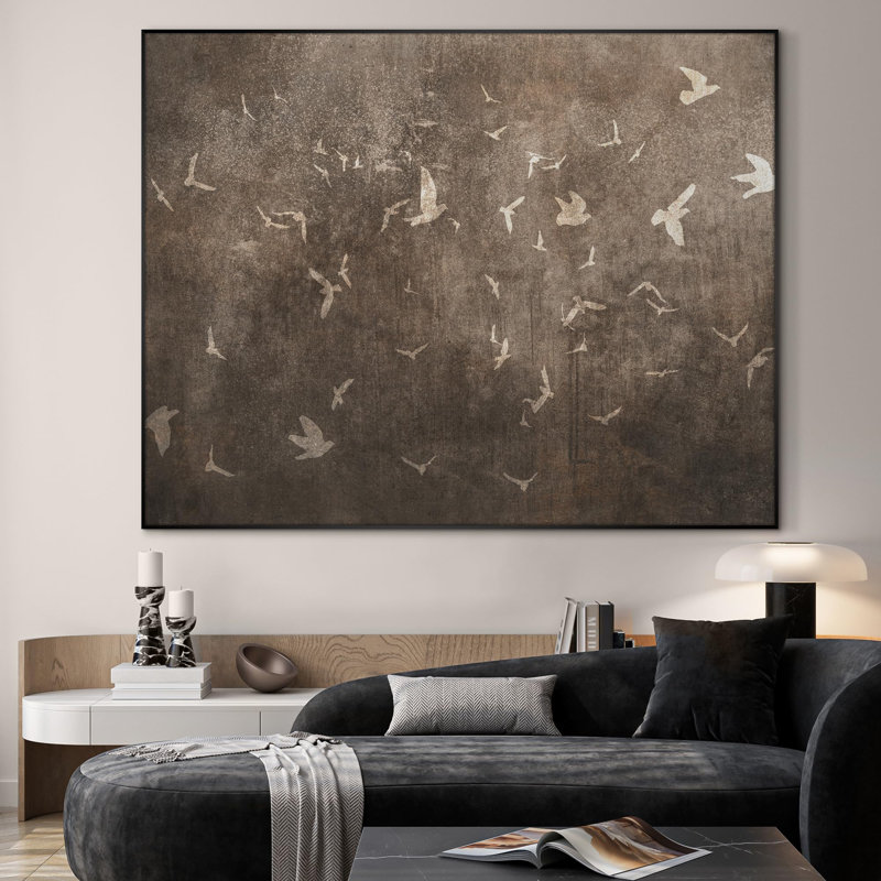 Très grande reproduction d'art sur toile - Silhouettes d'oiseaux rustiques, illustration d'oiseaux volants minimalistes pour le salon ou la chambre à coucher - «Assemblage requis du cadre (cadre non fini)»