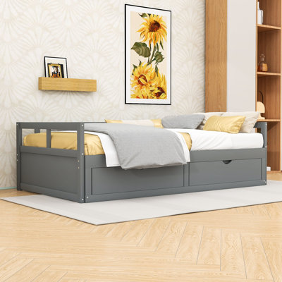 Twin Size 2 Drawers Wooden Daybed with Trundle, Extendable Bed by Red Barrel Studio