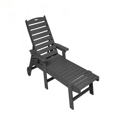 Oversized Outdoor Chaise Lounge Chair With 5 Adjustable Positions, HDPE, Wheels & Cup Holder For Patio, Poolside, Grey