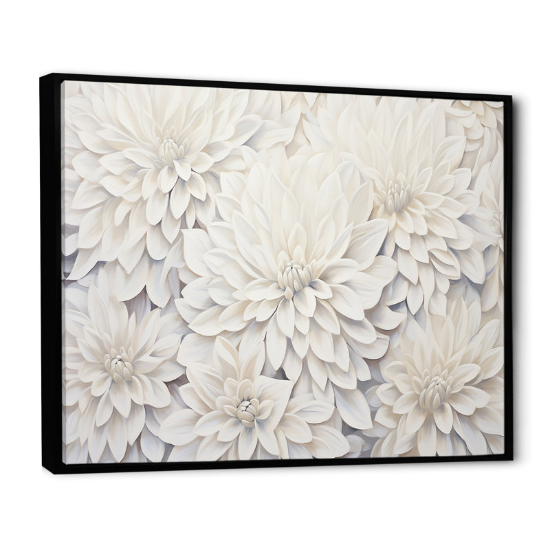 «White Dahlia Charm Collage», art mural Dahlia, Cadre flottant noir, H 34 po x l 44 po x P 1,5 po