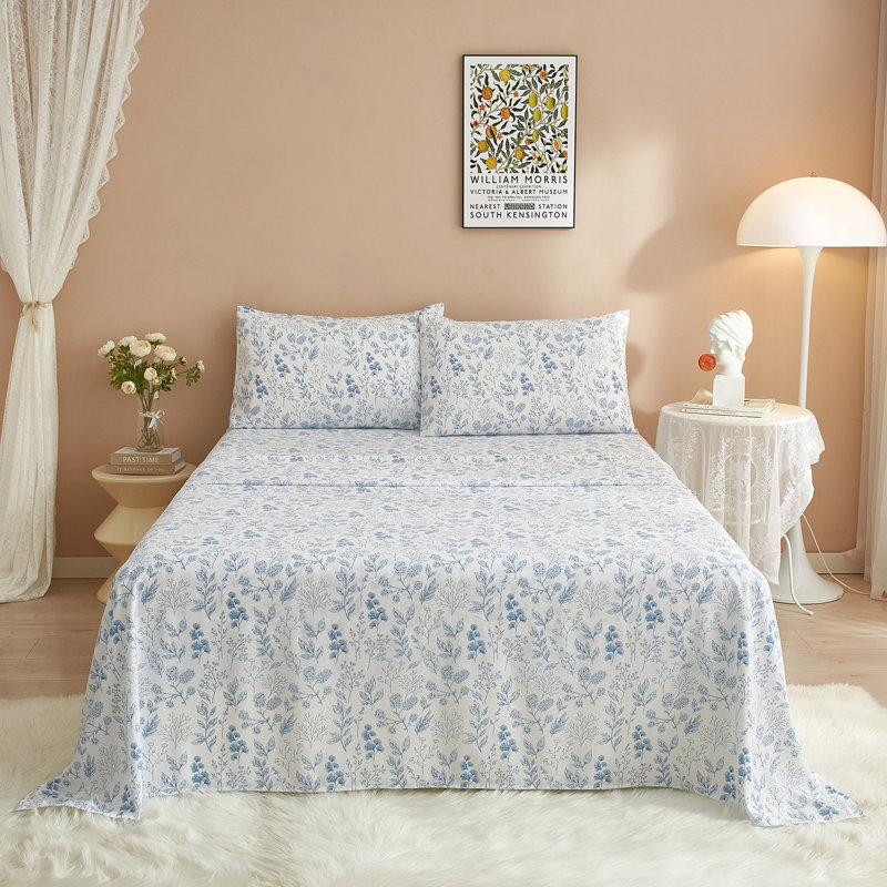 Ensemble de draps Zeta Boho, Bleu, Ensemble de draps pour lit simple avec 1 taie d'or